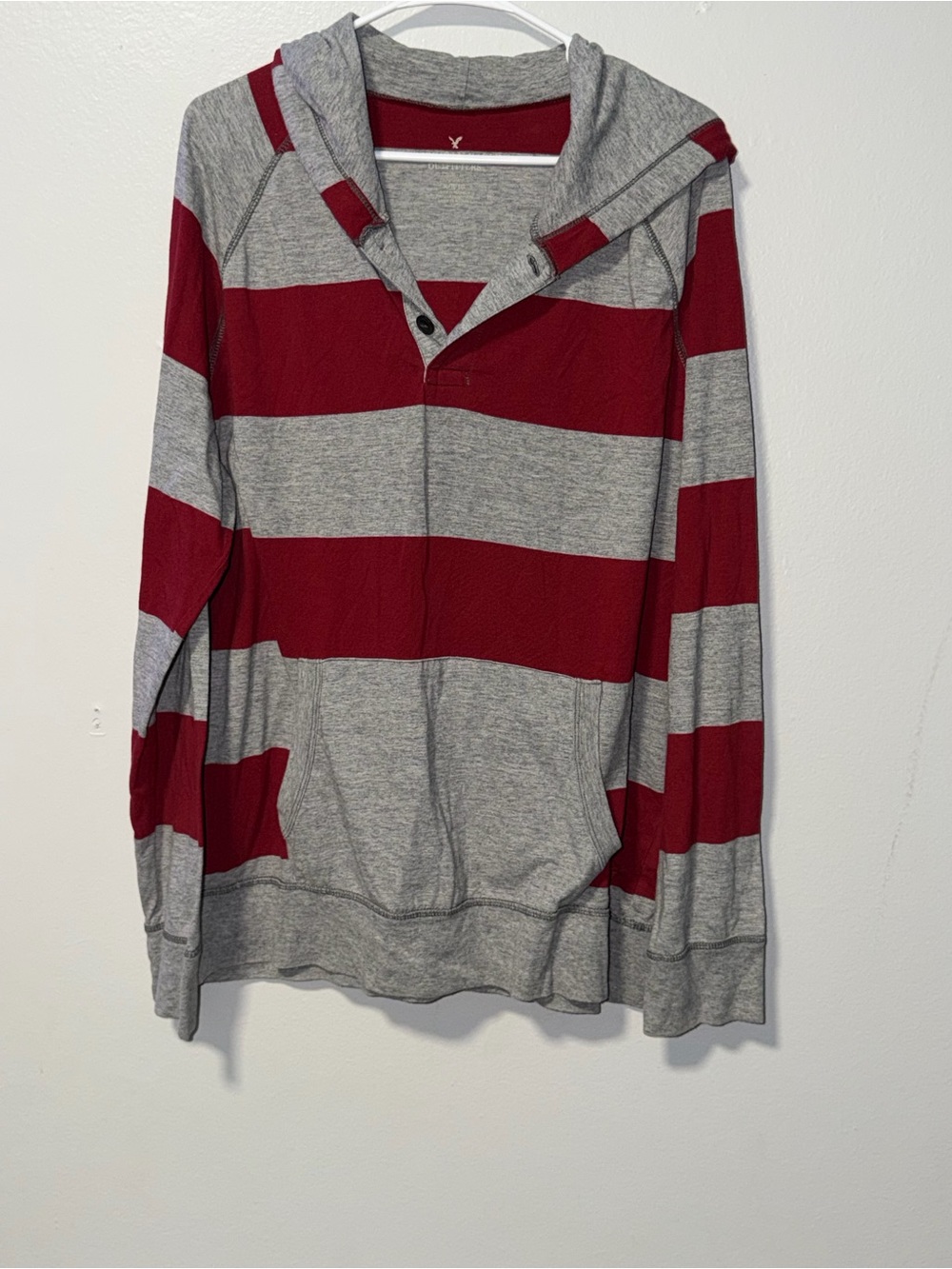 American Eagle Outfitters Gray & Burgundy Striped Hooded Pullover